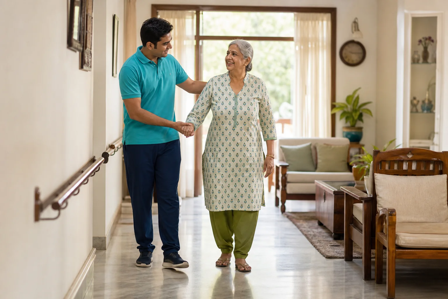 A physiotherapist supporting an older adult with safe walking practice at home