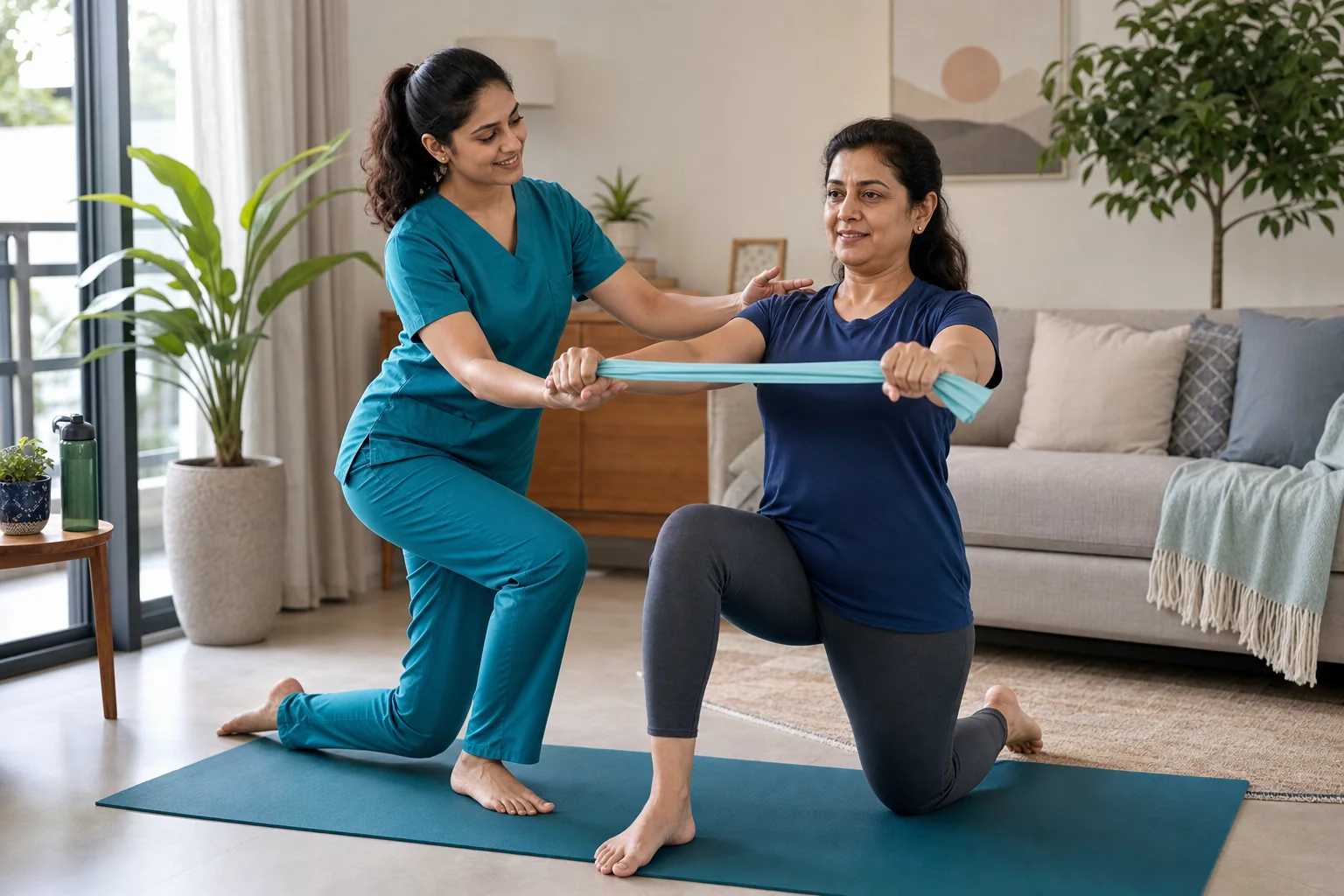 A physiotherapist coaching a patient through a resistance-band exercise at home